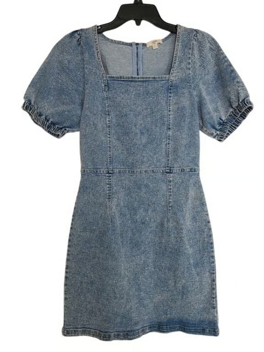 Entro Mini Denim Dress Blue Zip Closure Square Neck Cotton Blend Puff Sleeve Med